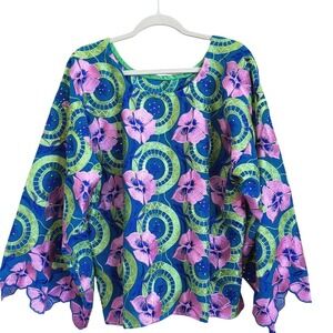 Womens Floral Boho Lagenlook Embroidered Shirt Size OS Oversized Artsy Whimsical